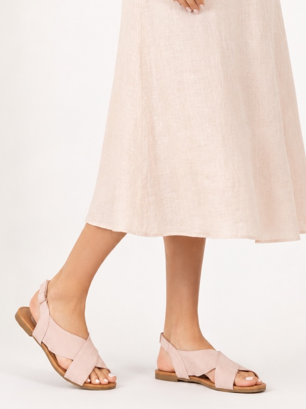 Nude cross band suede ruffled flat sandals pink suede slingback